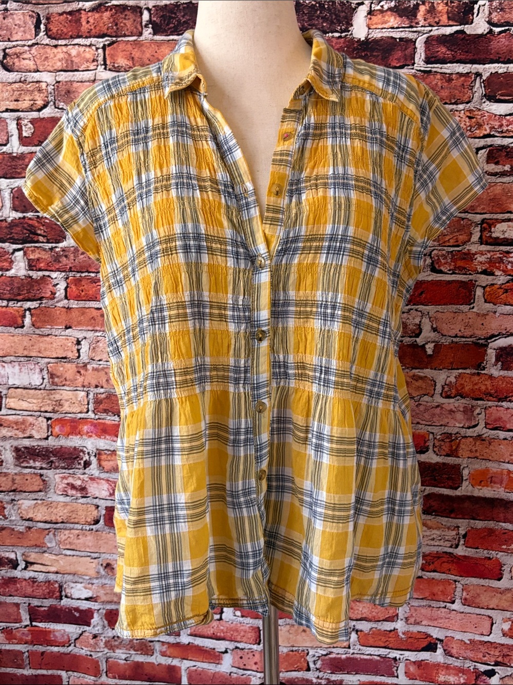 Pilcro by Anthropology Lightweight Yellow Plaid Button-Front Women's Top Medium